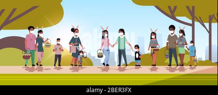Mix Rennen Männer Frauen halten Körbe mit Eiern Menschen tragen Maske zu verhindern Coronavirus feiern glücklich ostern Urlaub Stadtbild Hintergrund horizontal volle Länge Vektor Illustration Stock Vektor