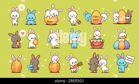 Set niedlichen Kaninchen glücklich ostern Häschen Sticker Sammlung Frühling Urlaub Konzept horizontale Vektor-Illustration Stock Vektor