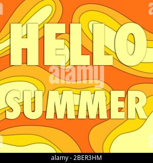 Text HALLO SOMMER. Helle Buchstaben in warmen Gelbtönen, moderner Papierschnitt-Effekt. Abstrakter Hintergrund, Urlaubskonzept. Stilvolles Poster. Drucken Stockfoto