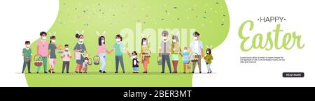 Mix Rennen Männer Frauen halten Körbe mit Eiern Menschen tragen Maske zu verhindern Coronavirus feiern frohe osterferien horizontal volle Länge kopieren Raum Vektor Illustration Stock Vektor