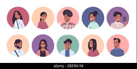 Set indische Männer Frauen Avatare lächelnde männliche weibliche Cartoon-Charaktere Sammlung horizontales Porträt Vektor Illustration Stock Vektor