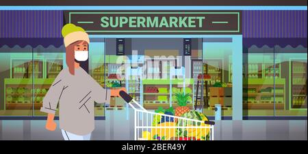 Frau Kunde in medizinischer Schutzmaske Rollwagen schieben Coronavirus Epidemie Konzept Menschen kaufen Waren im Lebensmittelgeschäft Supermarkt Außenporträt horizontale Vektorgrafiken Stock Vektor
