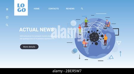 Menschen auf der Weltkarte aktuelle Nachrichten über Coronavirus Pandemie globale Kommunikation Konzept horizontale Kopie Raum voller Länge Vektor-Illustration Stock Vektor