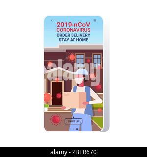 Mann Kurier in Maske Tragen Paketbox Coronavirus Ausbruch Prävention Bestellung Lieferung zu Hause bleiben Konzept Smartphone-Bildschirm mobile App Porträt Vektor Illustration Stock Vektor