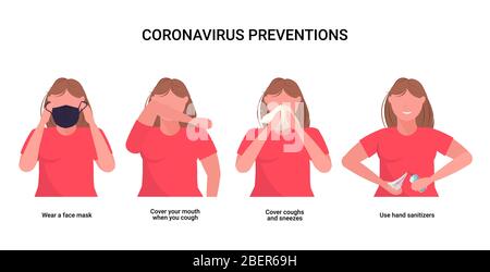 Frau erklärt grundlegende Schutzmaßnahmen gegen Coronavirus-Prävention Schützen Sie sich vor 2019-nCoV-Konzept wichtige Anleitung, um gesund zu bleiben Horizontale Porträt Vektor-Illustration Stock Vektor