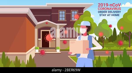Mann Kurier in Maske Tragen Paketbox coronavirus Ausbruch Prävention Bestellung Lieferung zu Hause bleiben Konzept horizontal Portrait Vektor Illustration Stock Vektor