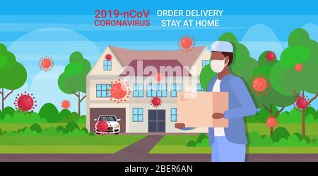 afroamerikanischer Kurier in Maske Tragen Paketbox coronavirus Ausbruch Prävention Bestellung Lieferung zu Hause bleiben Konzept horizontal Portrait Vektor Illustration Stock Vektor