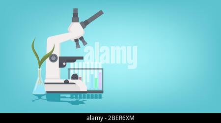 Professionelle medizinische Labormikroskop Pflanze wächst in Reagenzglas wissenschaftliche Forschung Ausrüstung Biologie Wissenschaft Bildung Konzept horizontale Vektor-Illustration Stock Vektor