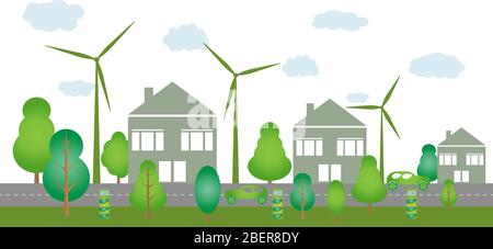 Ökologie Stadtkonzept und Umweltschutz. Elektrofahrzeuge und erneuerbare Energien mit Windgenerator. Vektorgrafik. Stock Vektor