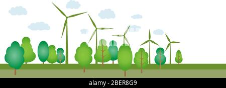 Ökologie Konzept und Umweltschutz. Grüne Bäume und erneuerbare Energie mit einem Windgenerator. Vektorgrafik. Stock Vektor