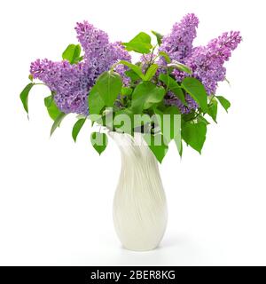Schöner Strauß von frischem Flieder in Vase auf weißem Hintergrund Stockfoto