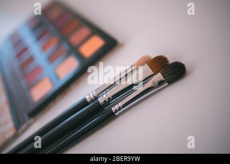 Make-up Kosmetik Tools Hintergrund & Kosmetik, Produkte & Gesichtskosmetik Paket Lippenstift, Eyeliner, Concealer, Mascara, Lidschatten Stick & h Stockfoto