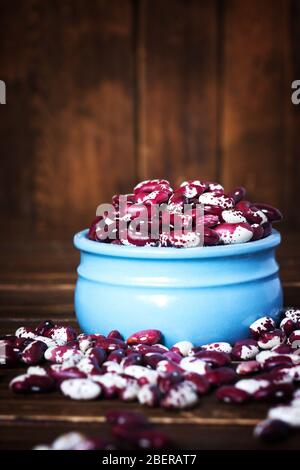 Violett mit Punkten Bohnen in Keramikschale. Schwalbenbohnen. Gemüse für eine gesunde Ernährung. Bio-Lebensmittel. Stockfoto