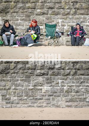 Zusammengesetztes Foto von Whitmore Bay auf Barry Island in South Wales am 15/04/2019 (oben) und einem leeren Strand heute (unten), während Großbritannien weiterhin in der Blockierung ist, um die Ausbreitung des Coronavirus einzudämmen. Stockfoto