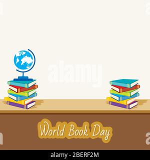 Welt Buch Tag Illustration Vektor. Flache Illustration des Welt-Buchtages mit Welt-Globus auf Buchstapel Stock Vektor