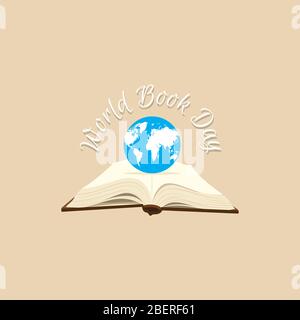 Welt Buch Tag Illustration Vektor. Flache Illustration des Weltbuchtages mit Weltkugel auf offenem Buch Stock Vektor