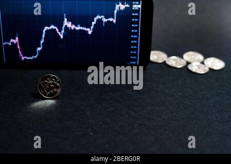 Rubelmünze vor dem Hintergrund des Wachstumsgraphen des Rubel- zum Dollarkurses. Das Konzept der Überwindung der Wirtschaftskrise. Stockfoto