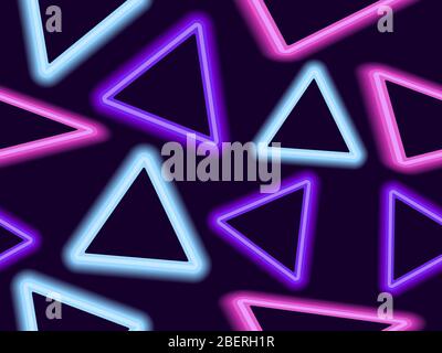 Nahtloses Muster mit Neon-Dreiecken, lineare Kunst. Mehrfarbiges helles Neonlicht im Stil der 80er Jahre. Vektorgrafik Stock Vektor