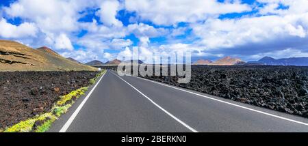 Einzigartiger Timanfaya Naturpark, beeindruckende Vulkanlandschaft der Insel Lanzarote, Spanien. Stockfoto