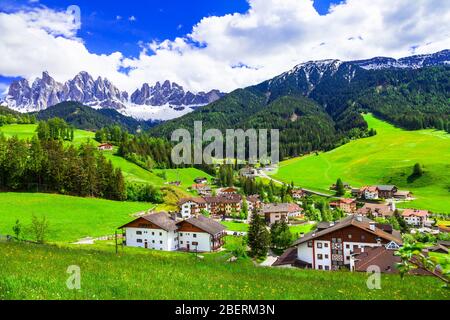 Beeindruckende Alpenlandschaft, Val di Funes, Trentino, Italien. Stockfoto