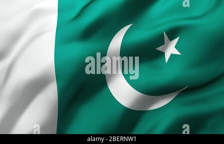 Flagge Pakistans weht im Wind. Ganze Seite pakistanische Flagge. 3D-Darstellung. Stockfoto