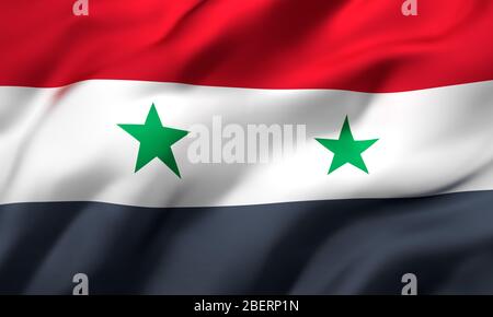 Flagge Syriens weht im Wind. Ganze Seite Syrische Flugflagge. 3D-Darstellung. Stockfoto