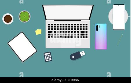 Büroschreibtisch Mock-Up-Illustration mit allen elektronischen Geräten Stock Vektor