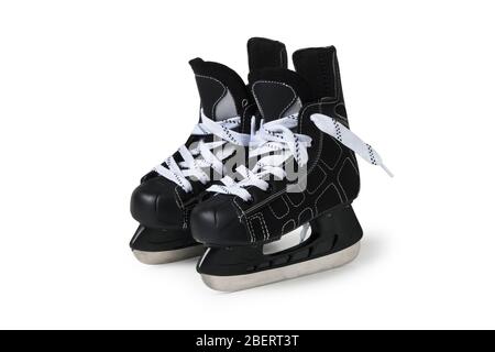 Kinder-Hockey-Schlittschuhe Nahaufnahme isoliert auf weiß Stockfoto