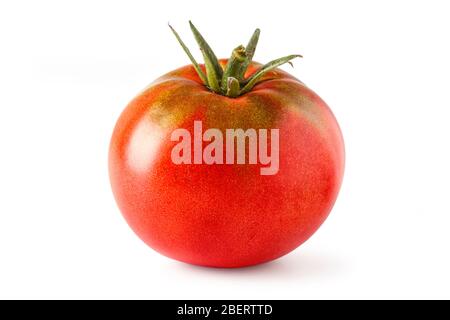 Rote reife Tomate closeup isoliert auf weißem Stockfoto