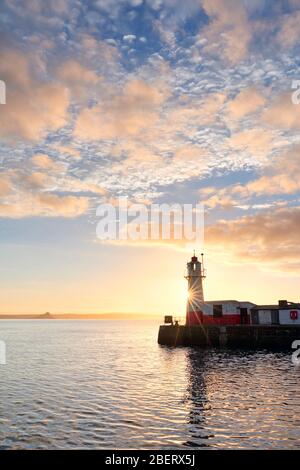 Leuchtturm und Eingang zum Newlyn Harbour, Cornwall Stockfoto