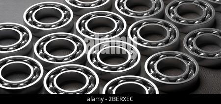 Kugellager. Stahl-Ersatzteile auf industriellem schwarzem Metallblech-Hintergrund. Maschinen, Motormechanik, Engineering-Konzept. 3d-Darstellung Stockfoto