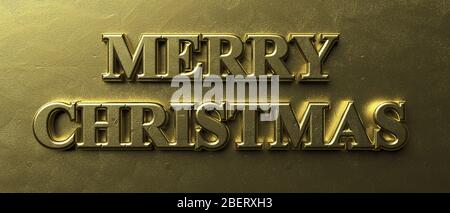 Frohe Weihnachten Phrase, Grußkarte Nachricht. Aufgeblasene Goldfarbe Text auf Luxus-Gold-Hintergrund, Banner. 3d-Darstellung Stockfoto