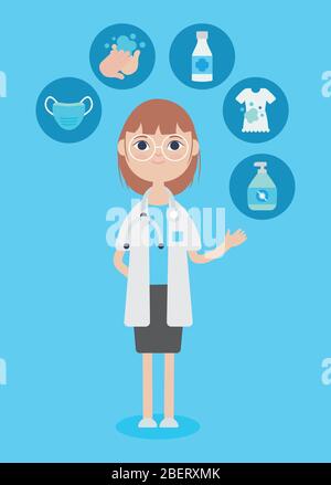 Cartoon Arzt Frau und Reinigung preventions Symbole auf blauem Hintergrund, buntes Design, Vektor-Illustration Stock Vektor