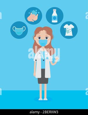Cartoon Arzt Frau mit Mundmaske und die Reinigung preventions von covid 19 über blauem Hintergrund, buntes Design, Vektor-Illustration Stock Vektor