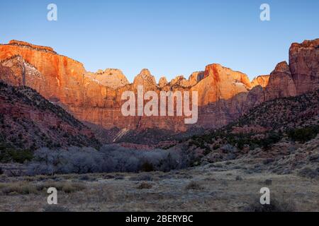 Das erste Licht der Dämmerung auf dem West Temple und den Towers of the Virgin, Zion National Park, Utah, USA Stockfoto