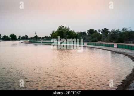 Al Qudra Seen in der Wüste von Dubai in den VAE bei Sonnenuntergang Stockfoto