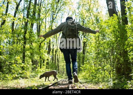 Ein Mann, der auf der Eisenbahnstrecke spielt, während er mit seinem Hund mitten im Wald läuft. Prater. Wien Stockfoto