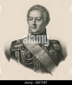 Antiker Stich, Louis-Alexandre Berthier. Louis-Alexandre Berthier (1753-1815), 1. Prinz von Wagram, Sovereign Prince of Neuchâtel, war ein französischer Marschall und Vizekonstor des Kaiserreiches und Stabschef unter Napoleon. QUELLE: ORIGINALGRAVUR Stockfoto