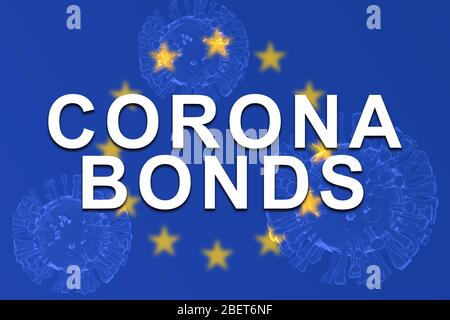 Corona-Anleihen auf EU- oder EU-Flagge mit 3d-Darstellung des Virus als Hintergrund. Stockfoto