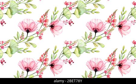 Aquarell nahtlos florales Muster. Abstrakte Mohnblumen, Blätter und fresia-Pflanze. Grün in diagonalen Linien. Isolierter handgezeichneter Hintergrund mit Stockfoto