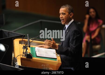 NEW YORK, NY - SEPTEMBER 25: US-Präsident Barack Obama spricht vor der 67. UN-Generalversammlung im Hauptsitz der Vereinten Nationen in New York, Septembe Stockfoto