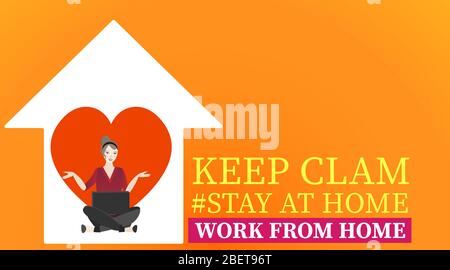 Vector Coronavirus Prävention Kampagne von zu Hause bleiben und wir sind stärker zusammen Slogan Frau, weiblich mit Laptop und Home-Ikone. Globales virales Epid Stock Vektor
