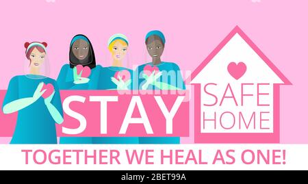 Wir sind stärker zusammen Slogan mit verschiedenen Frauen Ärzte, Krankenschwestern und medizinische, Damen stehen zusammen, fordern Menschen zu vermeiden Coronavirus und Covid Stock Vektor