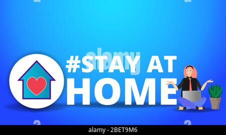 Vector Coronavirus Prävention Kampagne von zu Hause bleiben und wir sind stärker zusammen Slogan Frau, weiblich mit Laptop und Home-Ikone. Globales virales Epid Stock Vektor