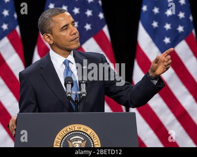 LAS VEGAS, NV - Januar 29: Präsident Barack Obama hält am 29. Januar an der Del Sol High School in Las Vegas, Nevada, Anmerkungen zur Einwanderungspolitik. Stockfoto