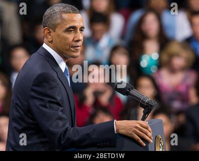 LAS VEGAS, NV - Januar 29: Präsident Barack Obama hält am 29. Januar an der Del Sol High School in Las Vegas, Nevada, Anmerkungen zur Einwanderungspolitik. Stockfoto