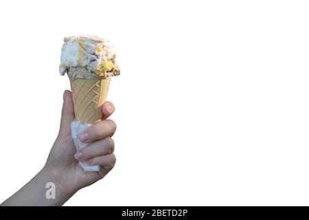 Eiszapfen in der Hand isoliert auf weißem Hintergrund Stockfoto