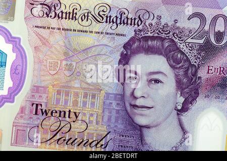 2020 neue britische zwanzig Pfund-Note aus Kunststoff-Polymer Stockfoto