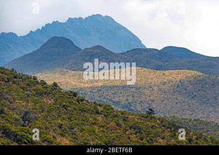 Verschiedene Schichten von Farben und Höhe in den Anden Bergkette und Paramo Ökosystem, Cotopaxi Nationalpark, Quito, Ecuador. Stockfoto