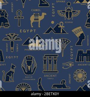 Ein nahtloses Muster, das auf den Symbolen des alten Ägypten basiert. Katzen, Lotusblumen, Kamele, Büffel und mehr Stock Vektor